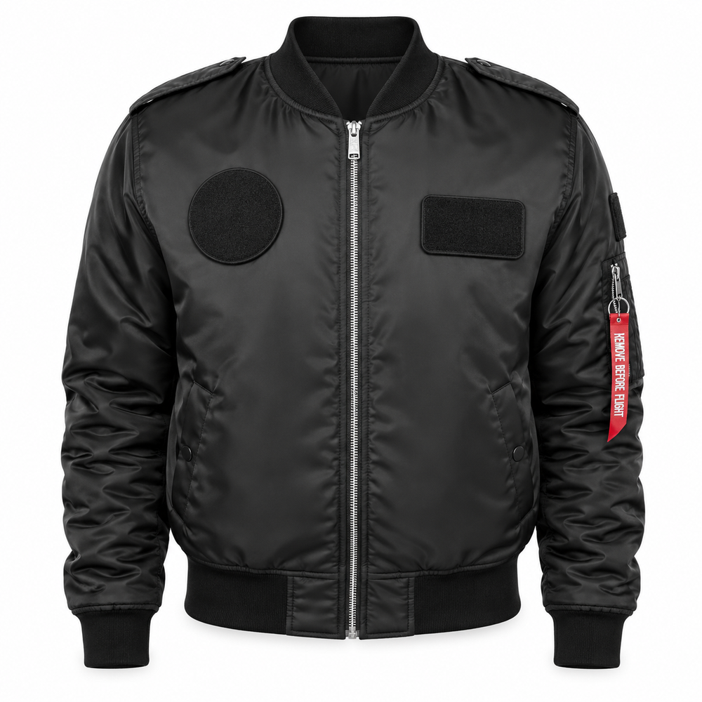 Siyah kumaş MNG91S Bomber Pilot Montu, tekstil ve uniformalar, şık ve rahat tasarım, pilot tarzı mont.