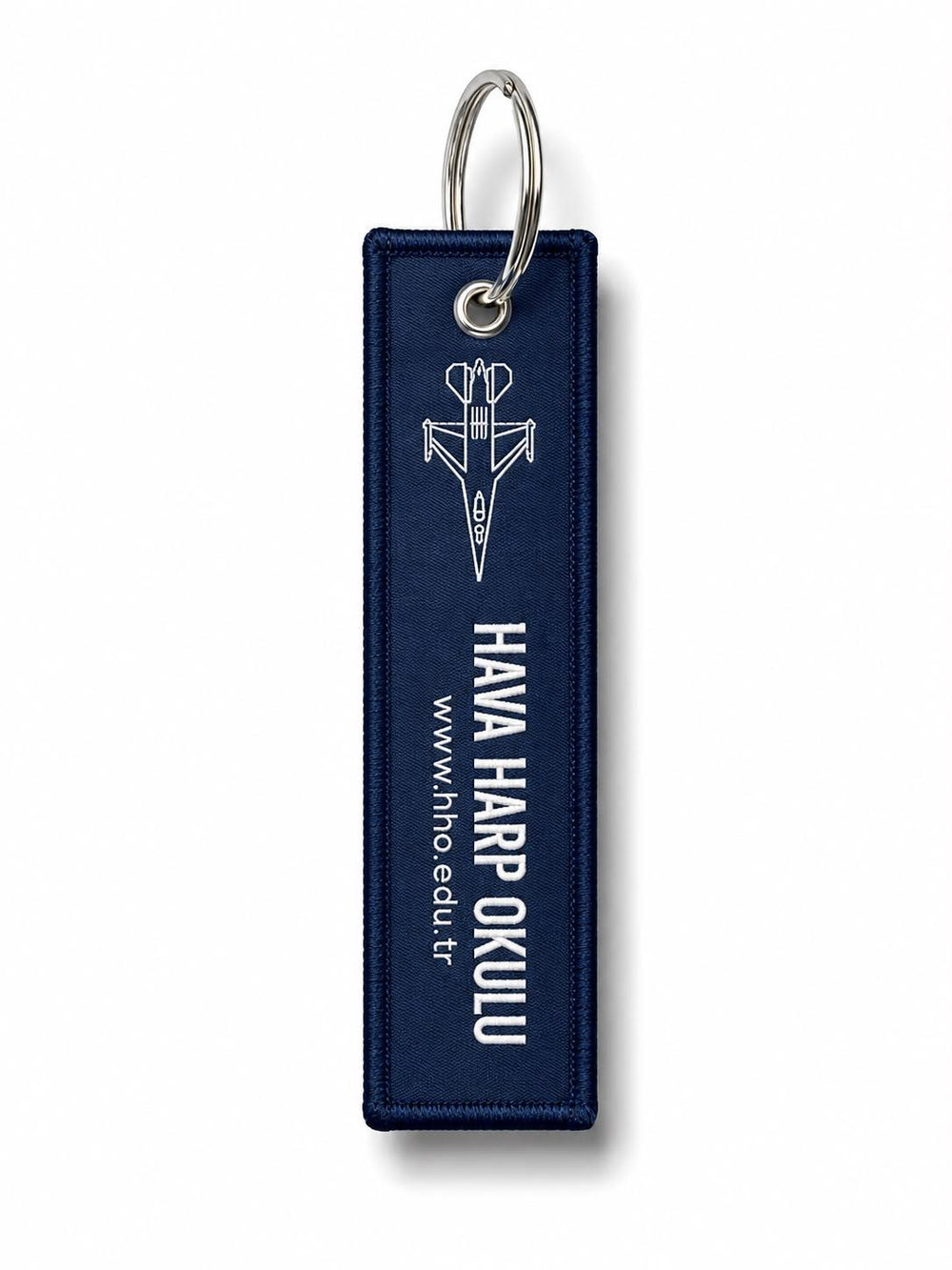 Lacivert kumaş anahtarlık "HV H O + F-16" tasarımı, Pilot Shop Bakırköy markasıyla, anahtarlar için şık aksesuar.