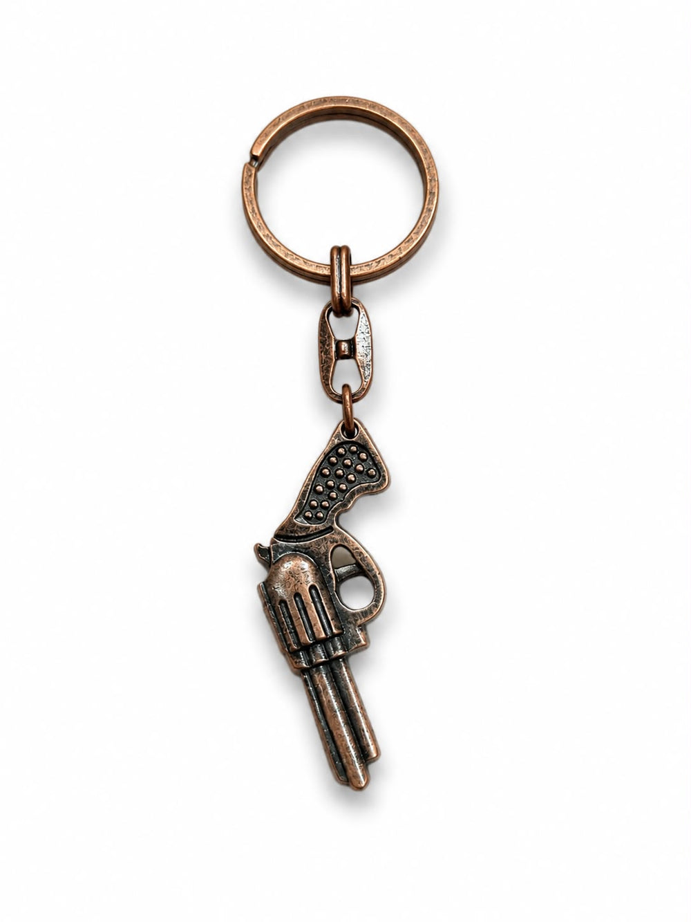 Bronz renkli metal anahtarlık tabanca şekli, toplu set, anahtarlarınızı düzenlemek için şık ve dayanıklı aksesuar.