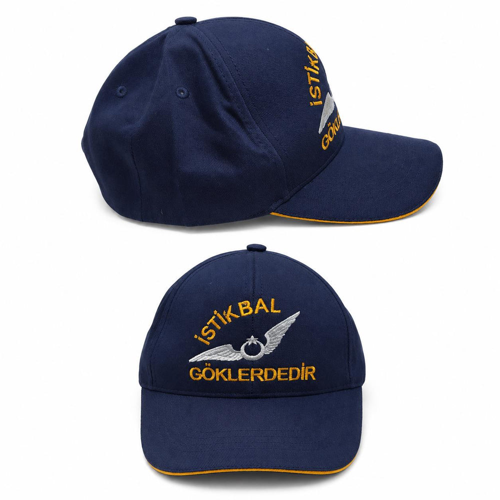Lacivert renkli "İstikbal Göklerdedir" yazılı şapka, şık aksesuar, Pilot Shop Bakırköy markası.