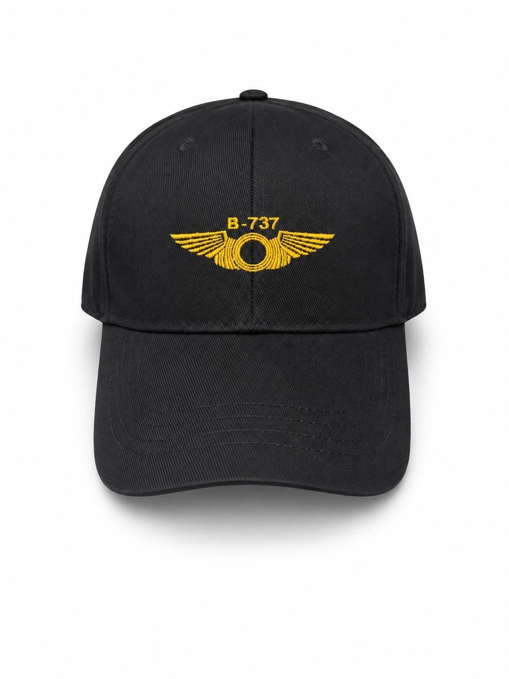 Siyah "B-737" şapka, pilot aksesuarı, PILOT SHOP BAKIRKÖY marka, detaylı ve şık tasarım, yan görünüm.