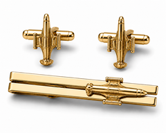 Pilot Shop Bakırköy F-104 Gold kol düğmesi ve kravat iğnesi takı seti, siyah kutuda şık aksesuar.