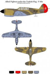 Türk bayrağı altında Allied Fighters P-40E ve P-40B model maketleri, resin malzeme, detaylı savaş uçağı figürleri.