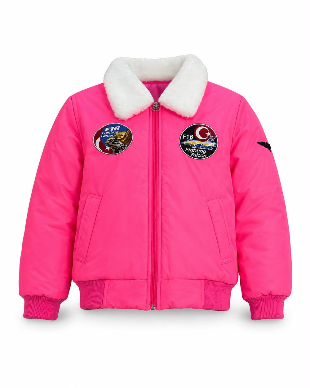 Pembe renkli kız çocuk pilot montu, kürklü iç detaylarıyla sıcak ve şık, tekstil ve uniformalar kategorisinde.