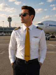 Sarı desenli Luks Aviation kravat, tekstil ve uniformalar kategorisinde şık ve şık tasarımıyla dikkat çeken pilot kravatı.
