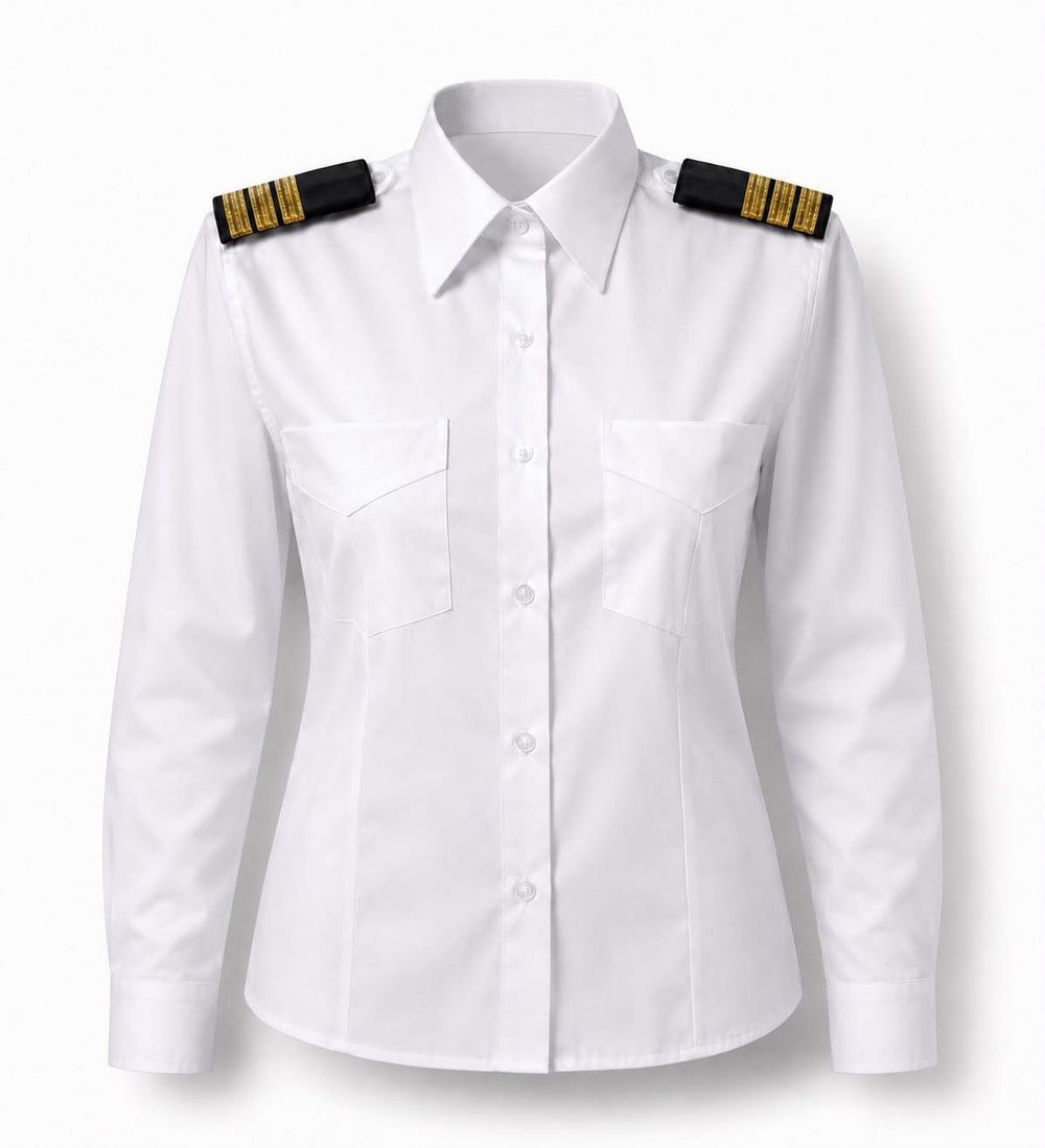 Uzun kollu Pilot kadın gömlek, şık ve rahat tarzıyla tekstil ve uniformalar kategorisinde, beyaz renkte.