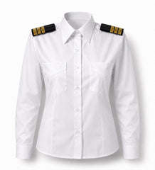 Uzun kollu Pilot kadın gömlek, şık ve rahat tarzıyla tekstil ve uniformalar kategorisinde, beyaz renkte.