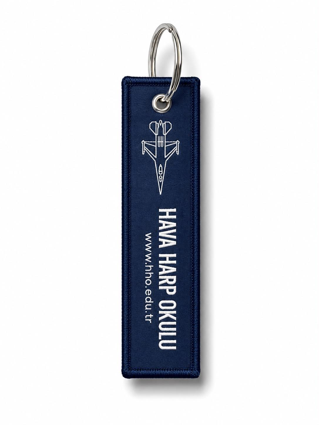 Lacivert kumaş anahtarlık "HV H O + F-16" tasarımı, Pilot Shop Bakırköy markasıyla, anahtarlar için şık aksesuar.