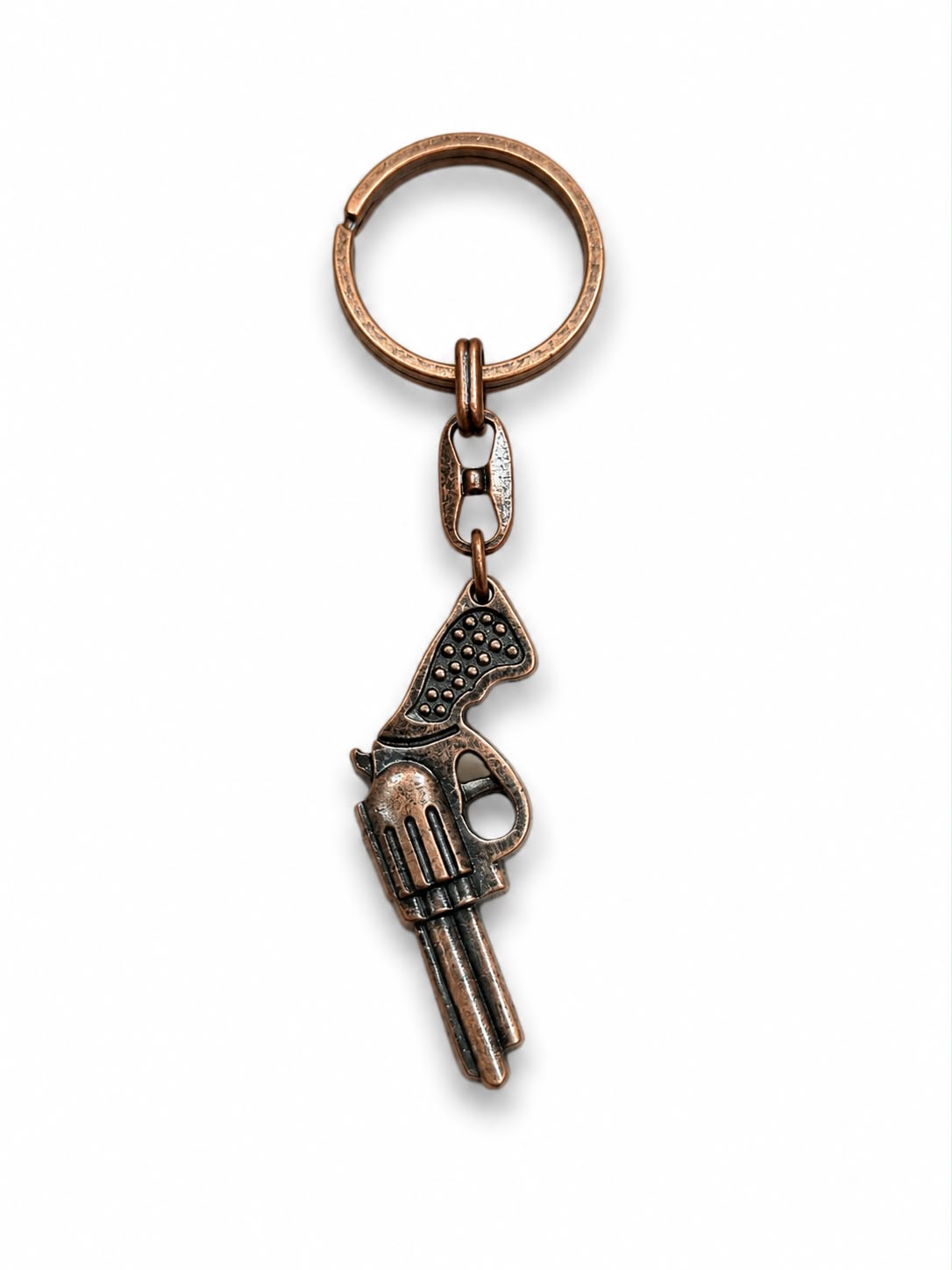 Bronz renkli metal anahtarlık tabanca şekli, toplu set, anahtarlarınızı düzenlemek için şık ve dayanıklı aksesuar.