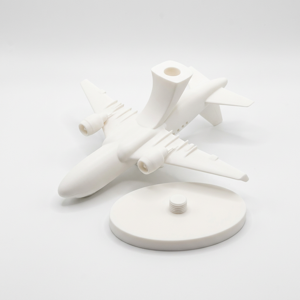 Beyaz Airbus A320 tasarımlı masaüstü kartvizitlik, pilot ve havacılık temalı aksesuar, şık ofis dekorasyonu.