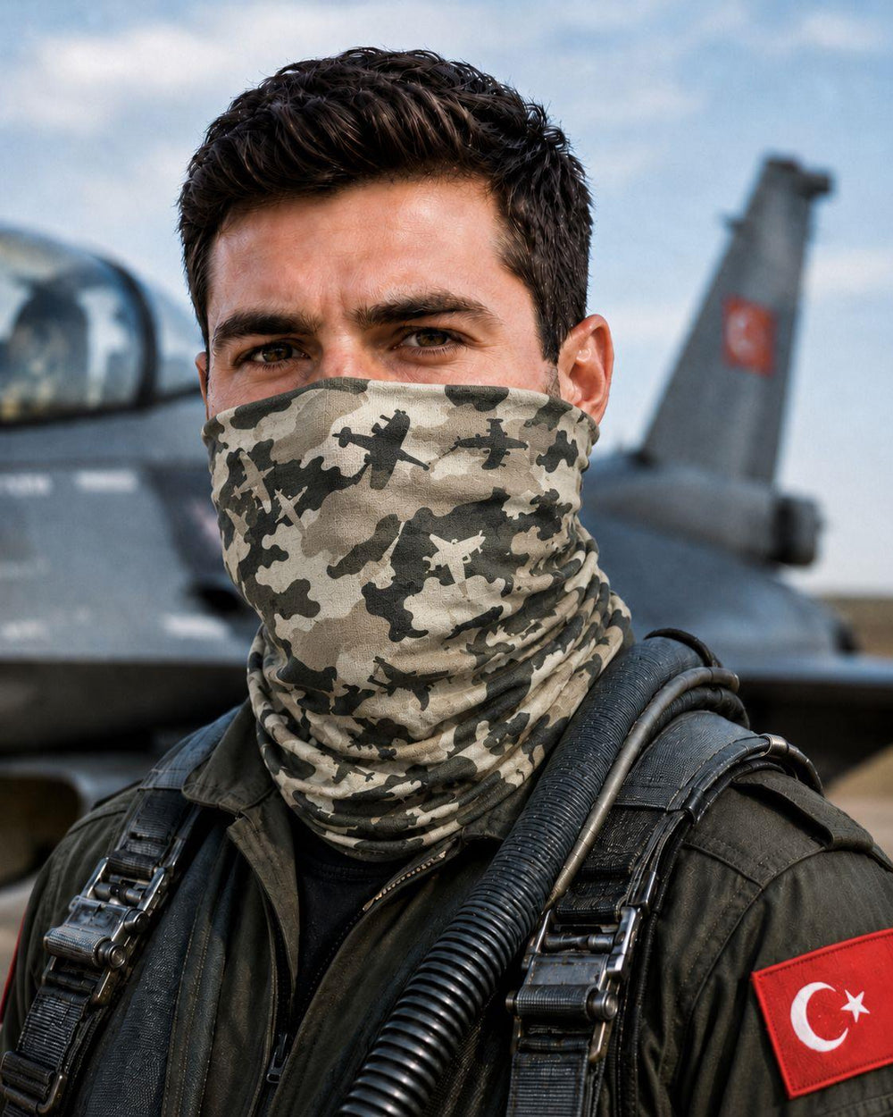 Haki askeri kamuflaj uçak desenli Buff askeri ve spor aksesuarı, çeşitli aktivitelerde kullanılır.