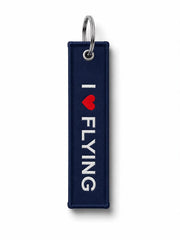 Lacivert kumaş anahtarlık, "I Love Flying" yazılı, pilot temalı aksesuar, anahtarlar için şık ve dayanıklı tasarım.
