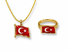 Türk bayraklı altın kolye ve yüzük seti, şık ve gösterişli tasarım, kuyum seti, PILOT SHOP BAKIRKÖY.