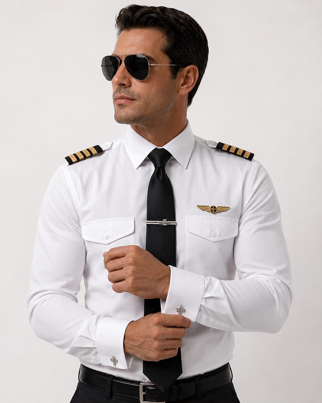 Gümüş renkli Kravat İğnesi ve Kol Düğmesi seti "F-104" Pilot Shop Bakırköy marka şık aksesuar.