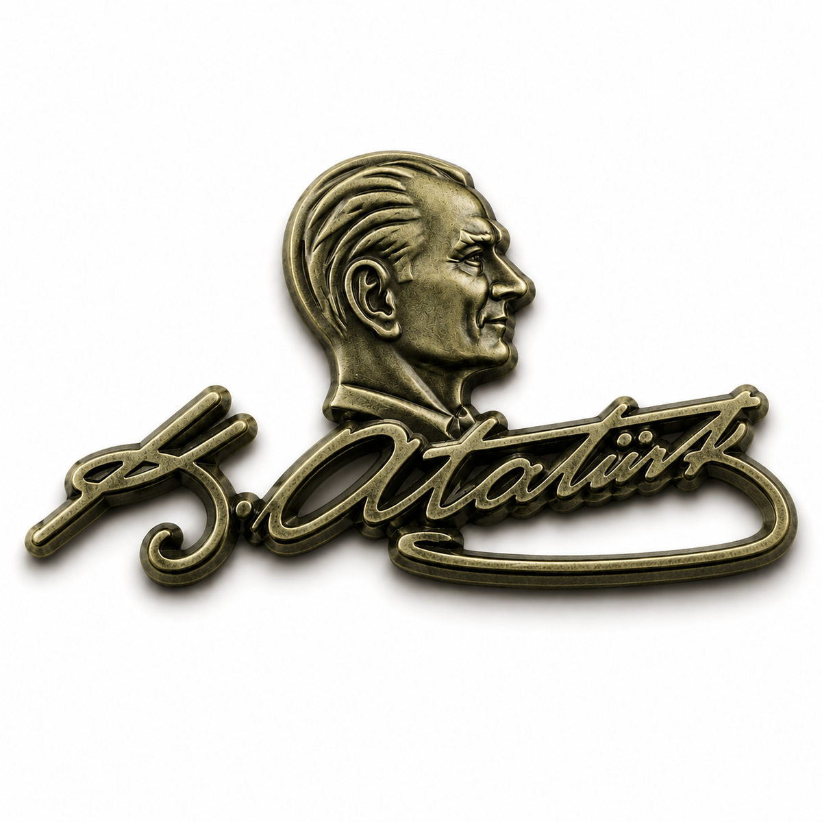 Atatürk imza büst rozet, metal pin ve rozete sahip, detaylı ve şık tasarım, takı ve aksesuar olarak kullanılabilir.