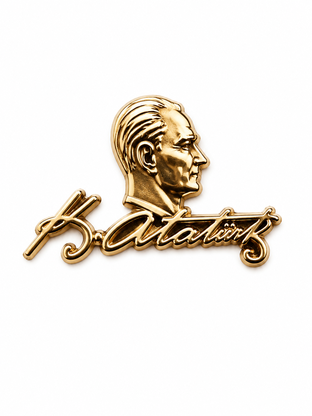 Atatürk imza büst rozeti, pirinç detaylı, takı ve rozet kategorisinde şık aksesuar.