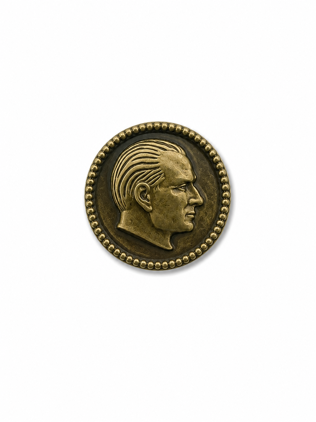 Atatürk rozet çemberi, altın rengi metal ve detaylı tasarımıyla takı ve aksesuar olarak kullanılır.