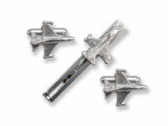 Pilot Shop Bakırköy F-16 Silver kol düğmesi ve kravat iğnesi takı seti, siyah kutuda şık aksesuarlar.