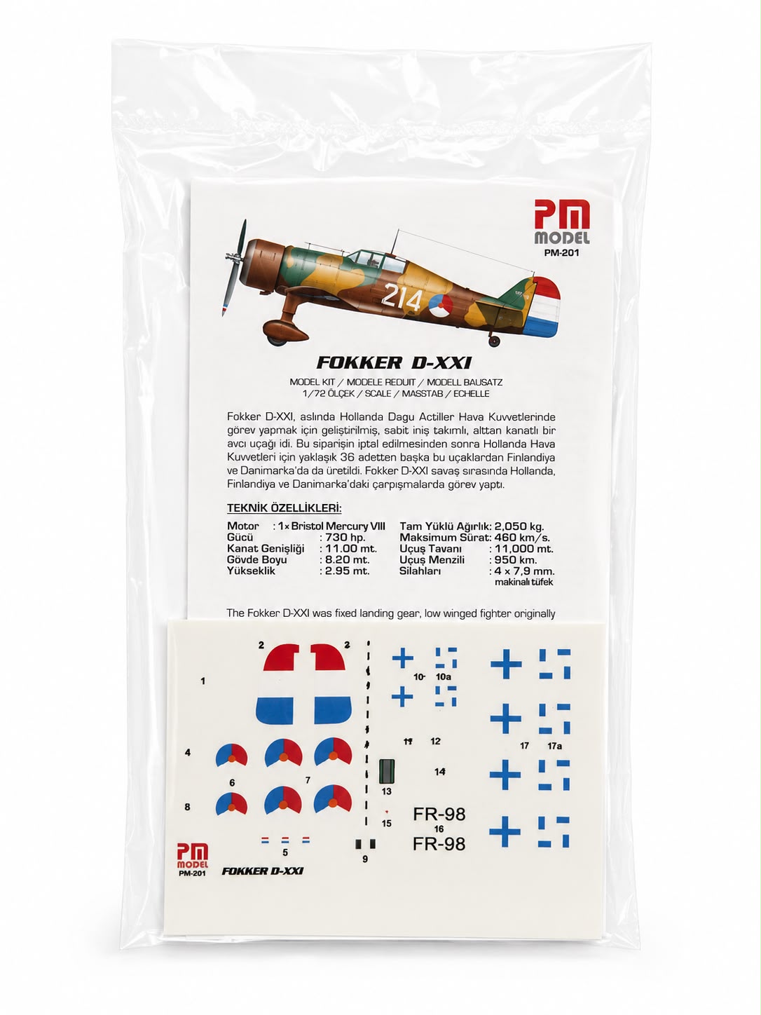 Fokker D-XXI PM model uçak maket kiti, demonte plastik uçak modeli, detaylı ve gerçekçi görünüm.