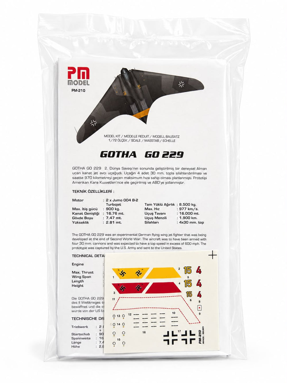 Gotha Go 229 A1 PM model demonte plastik uçak maket kiti, detaylı ve gerçekçi uçak modeli yapım seti.