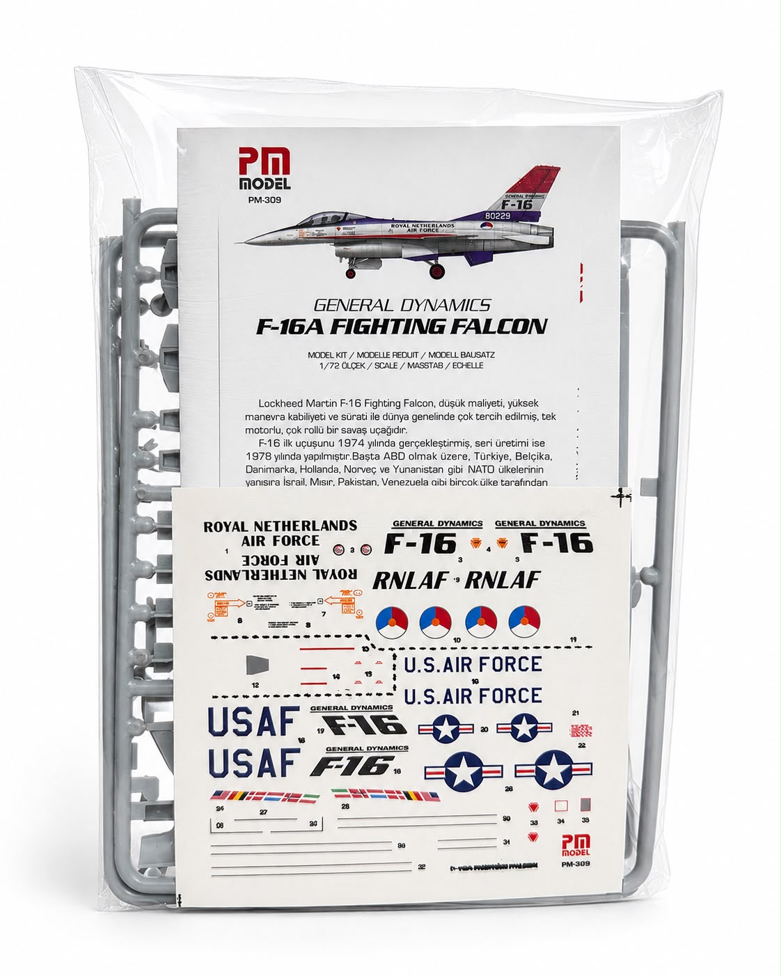 PM Model F-16 A maket uçağı, Royal Netherlands ve ABD bayraklarıyla plastik model ve maket seti.