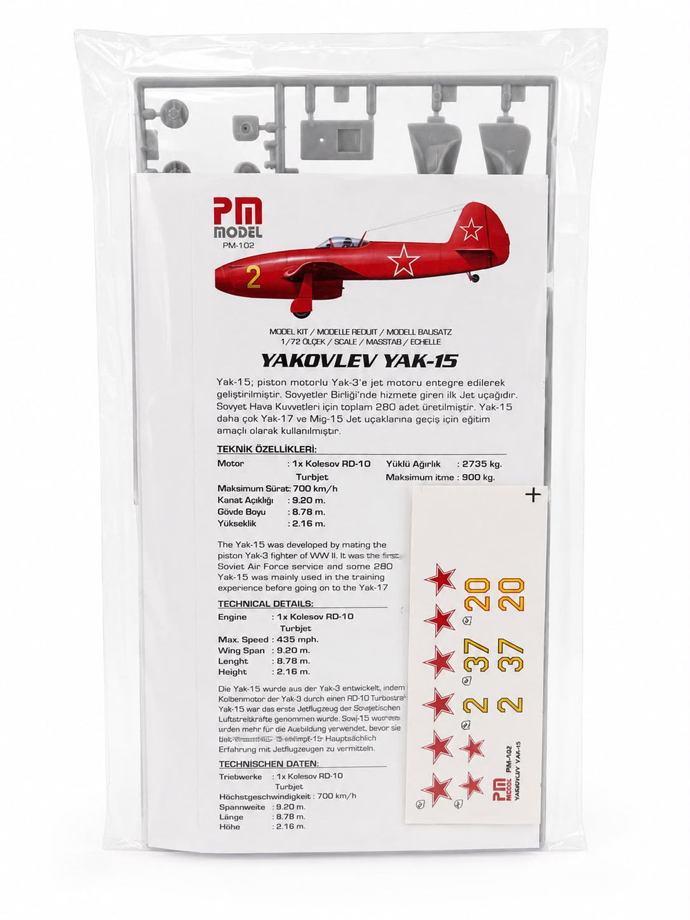 Yakovlev Yak-15 Pm model avcı uçağı demonte plastik maketi, detaylı ve gerçekçi uçak modeli, maket severler için ideal.