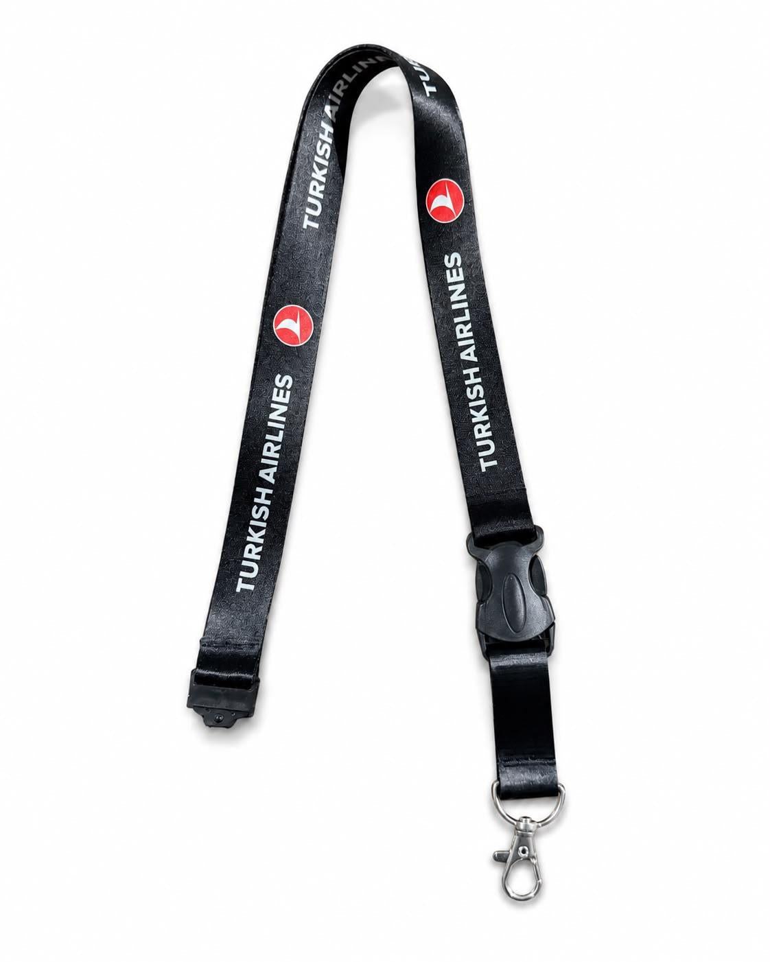 Siyah profesyonel havacı lanyard THY markasıyla, pilot ekipmanları için kullanılır, dayanıklı ve şık tasarım.