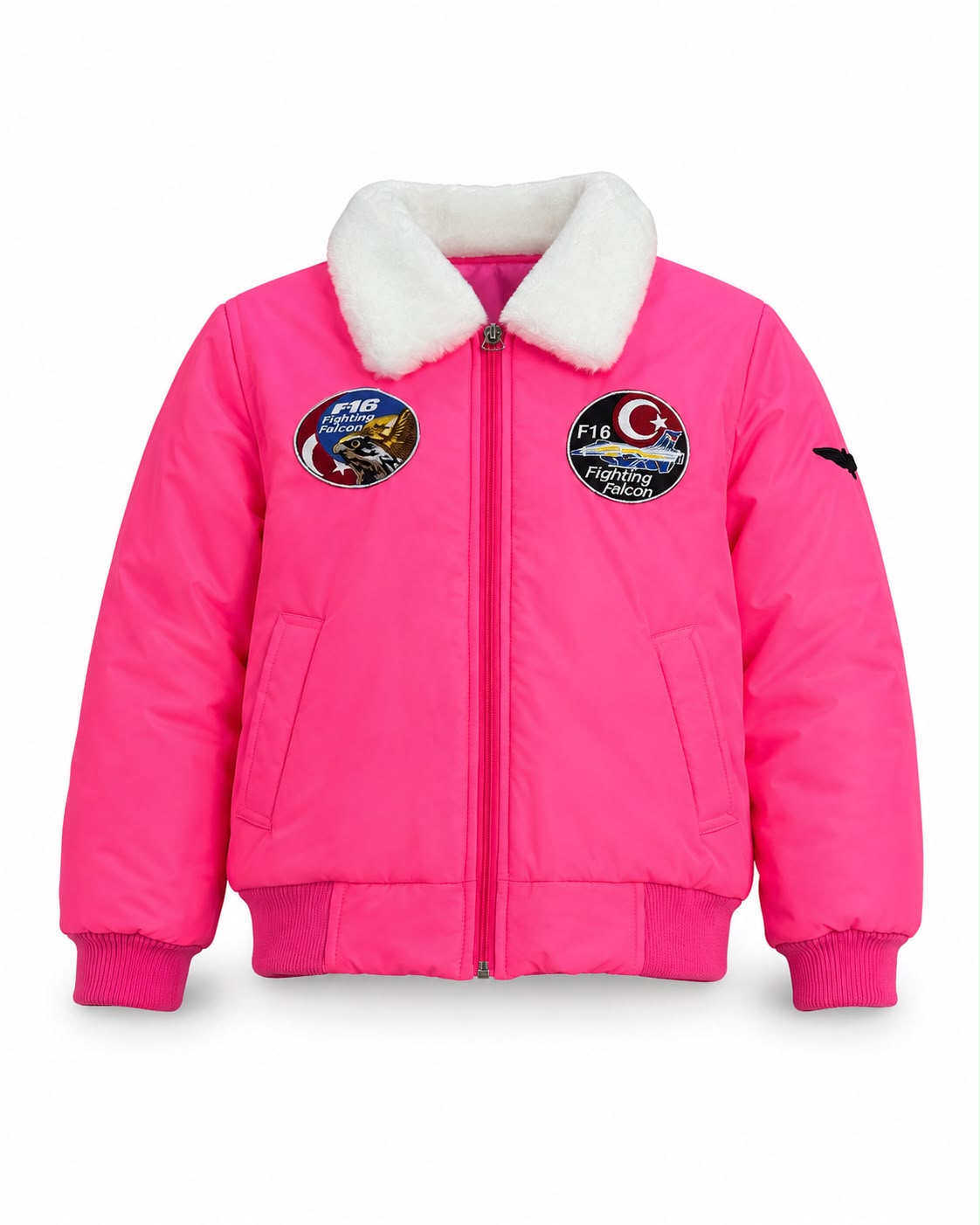 Pembe renkli kız çocuk pilot montu, kürklü iç detaylarıyla sıcak ve şık, tekstil ve uniformalar kategorisinde.