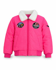 Pembe renkli kız çocuk pilot montu, kürklü iç detaylarıyla sıcak ve şık, tekstil ve uniformalar kategorisinde.