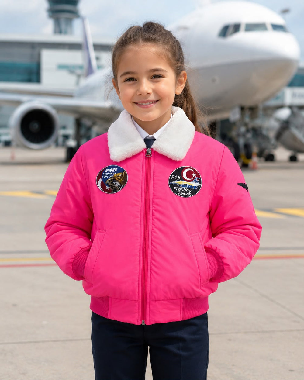 Kız çocuk Pilot marka pembe renkli kürklü pilot montu, sıcak ve şık kış giyim ürünü, detaylar ve kürk yakası görünmekte.