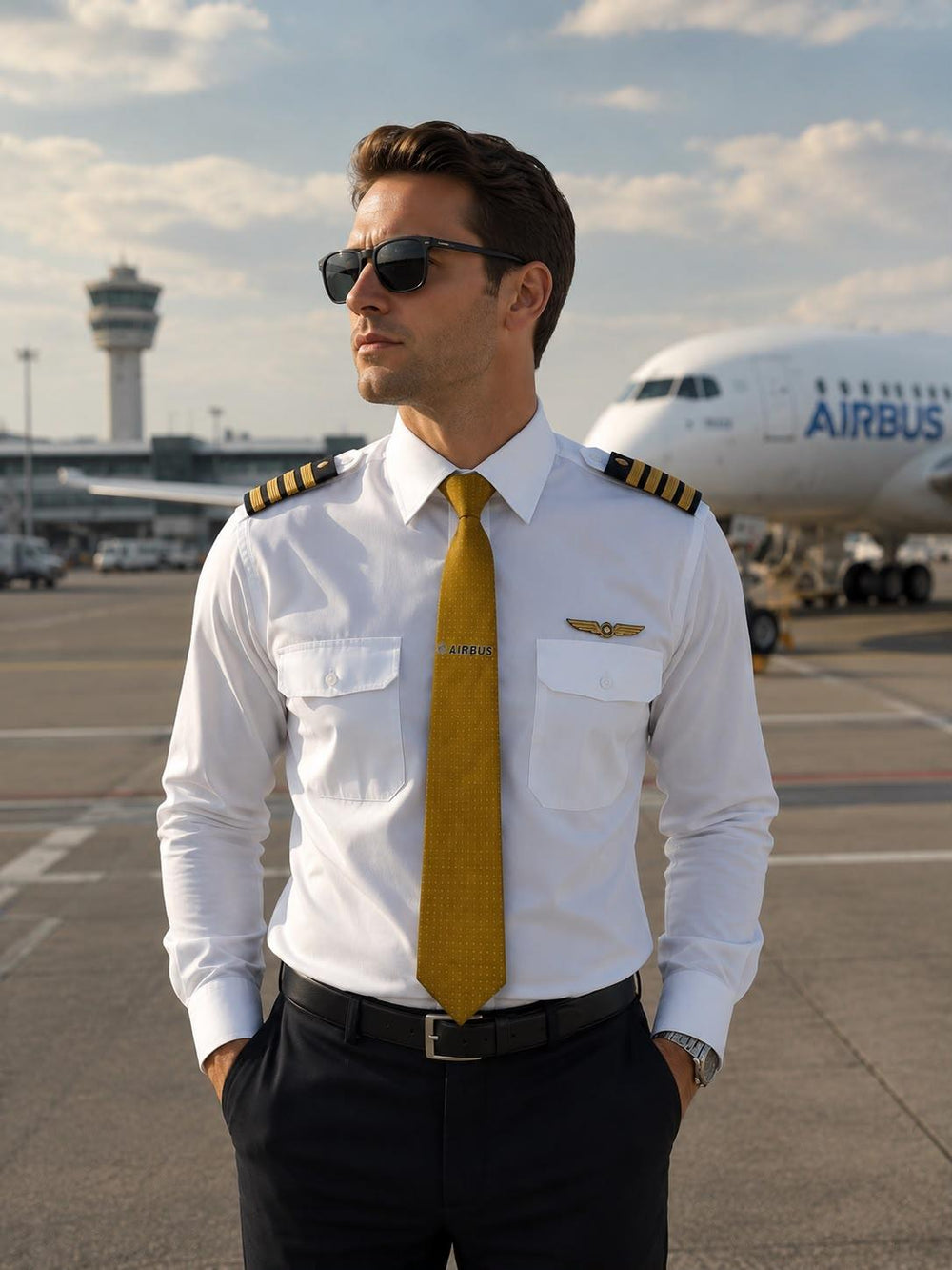 Sarı desenli Airbus temalı kravat, günlük kullanım için şık ve rahat PILOT SHOP BAKIRKÖY marka tekstil ve uniformalar.
