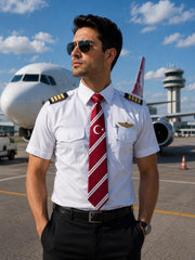 Kırmızı beyaz çizgili tek hilal yıldız desenli PILOT SHOP BAKIRKÖY kravat, günlük giyim için şık ve modern aksesuar.