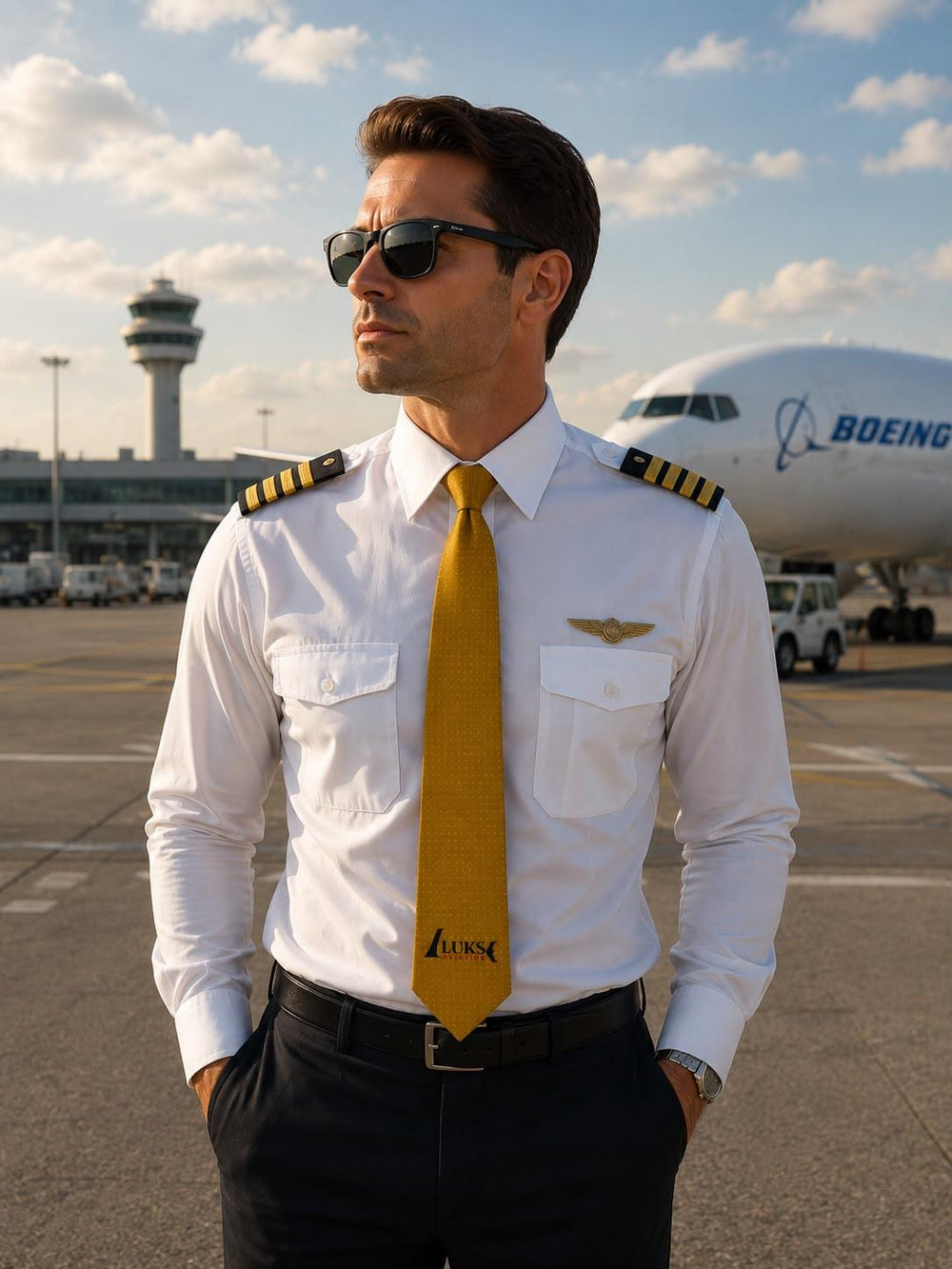 Sarı desenli Luks Aviation kravat, tekstil ve uniformalar kategorisinde şık ve şık tasarımıyla dikkat çeken pilot kravatı.