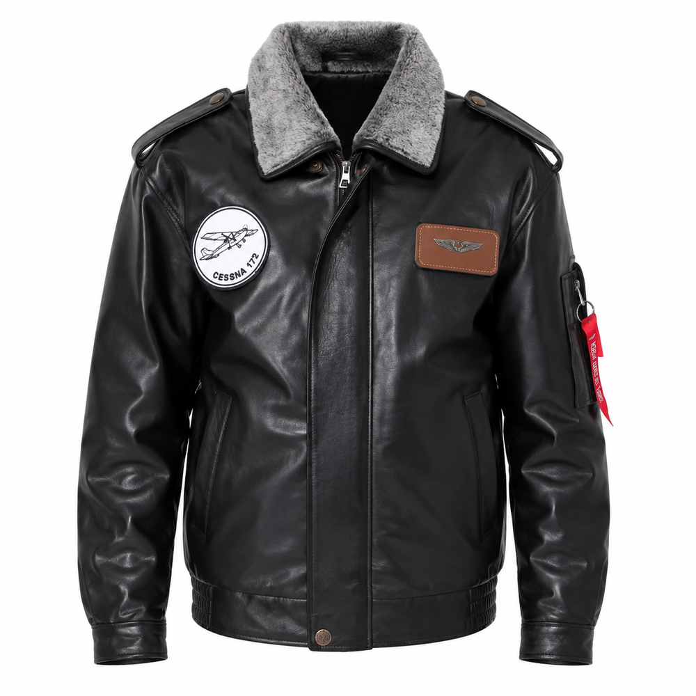 Siyah CAT3A deri pilot montu, tekstil ve uniformalar kategorisinde, şık ve dayanıklı tasarımıyla görülüyor.