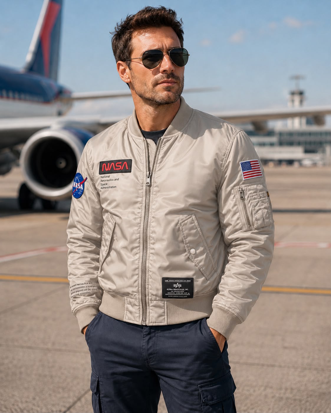 Krem renkli ribana yakalı pilot montu, NASA markası, tekstil ve uniformalar kategorisinde, rahat ve şık tasarım.