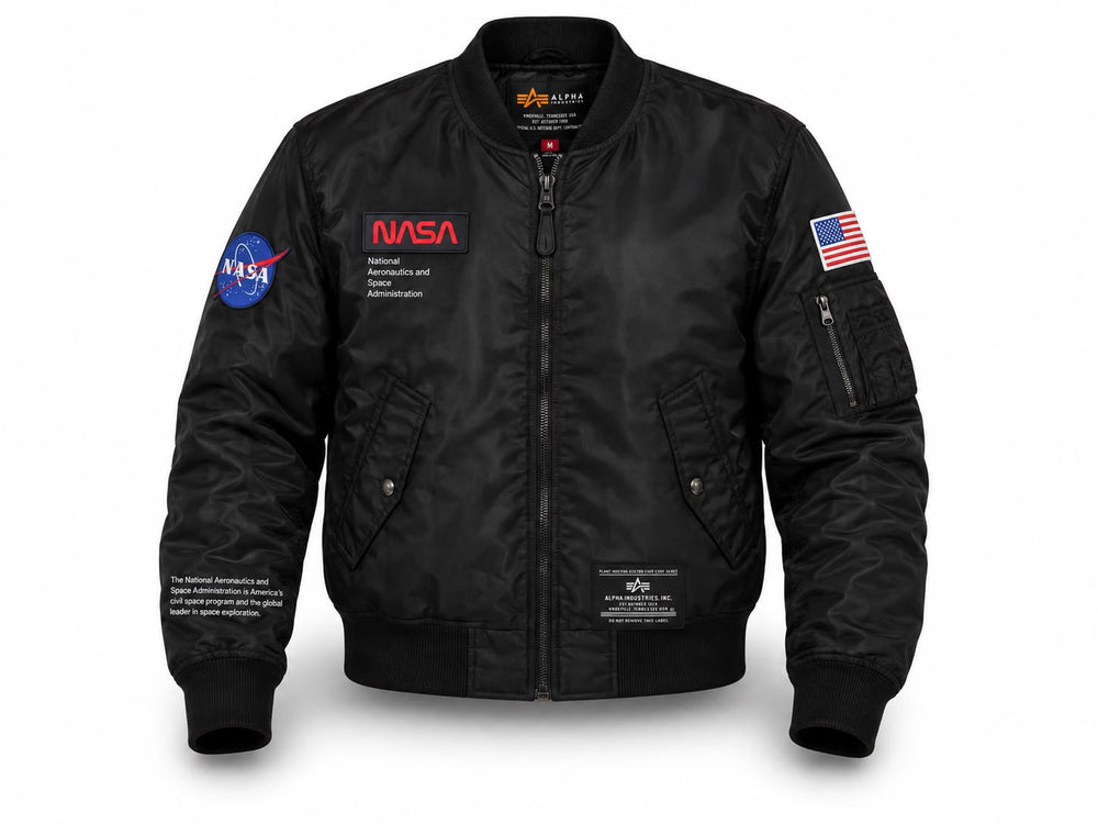 Siyah NASA ribana yakalı Pilot Montu, tekstil ve uniformalar kategorisinde, şık ve rahat tasarım.