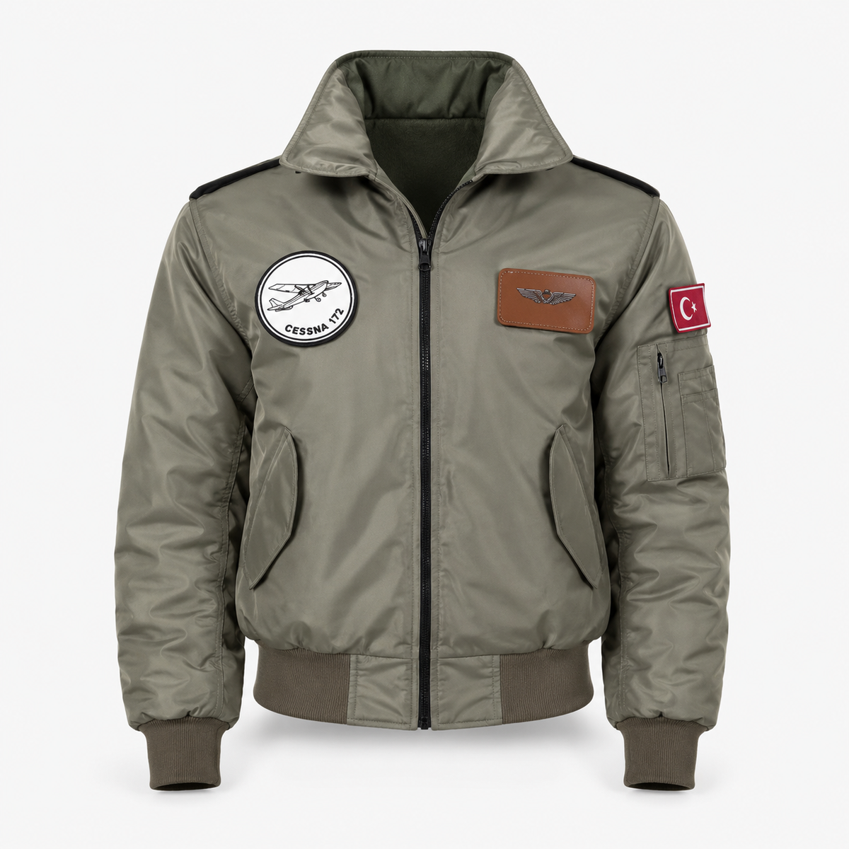 Haki renkli pilot montu, yakalı, dayanıklı kumaş, tekstil ve uniformalar kategorisinde, Pilot Shop Bakırköy markası.