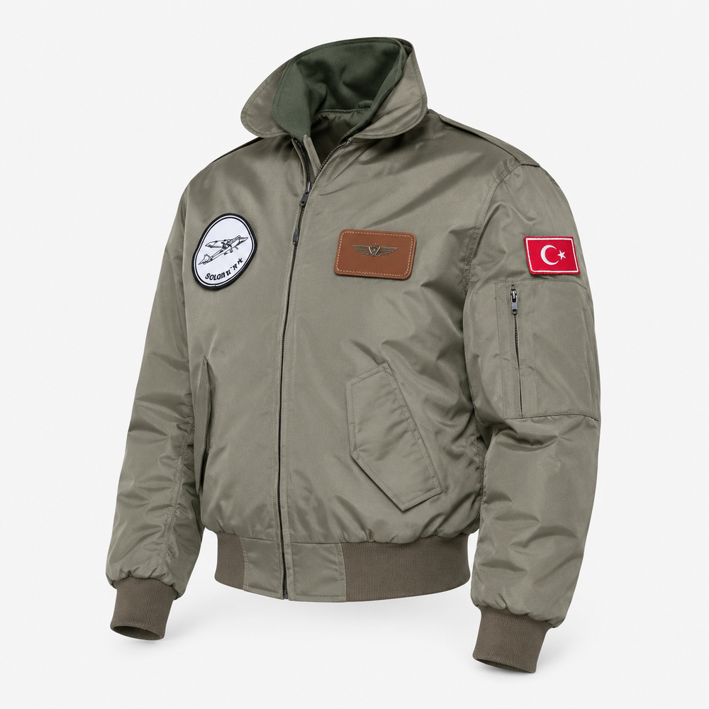 Haki renkli yakalı Pilot montu, kaliteli kumaş, tekstil ve uniformalar kategorisinde, modern ve şık tasarım.