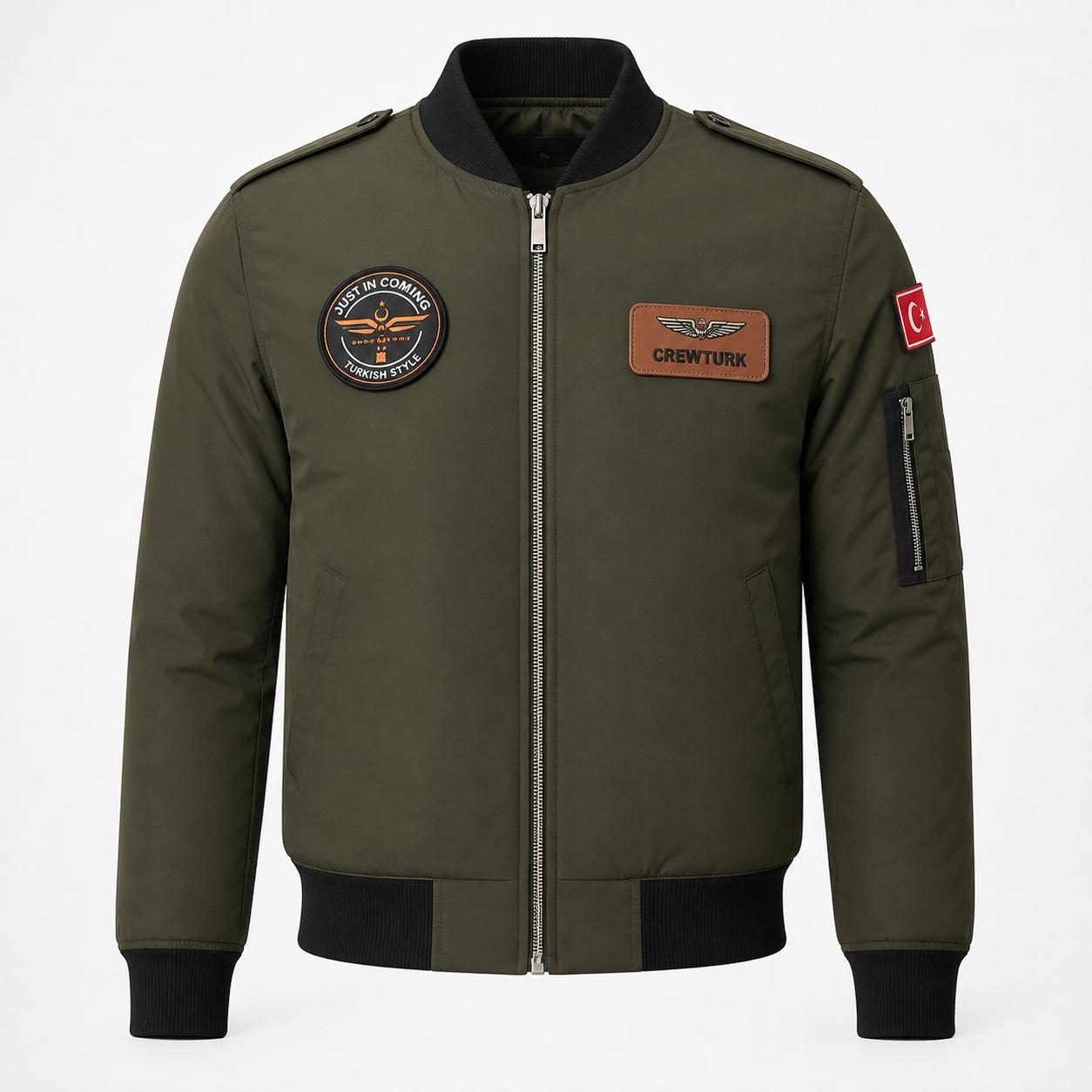 Haki renkli MNG91H pilot bomber montu, kumaş malzemeden yapılmış, tekstil ve üniforma kategorisinde, pilot tasarımı.