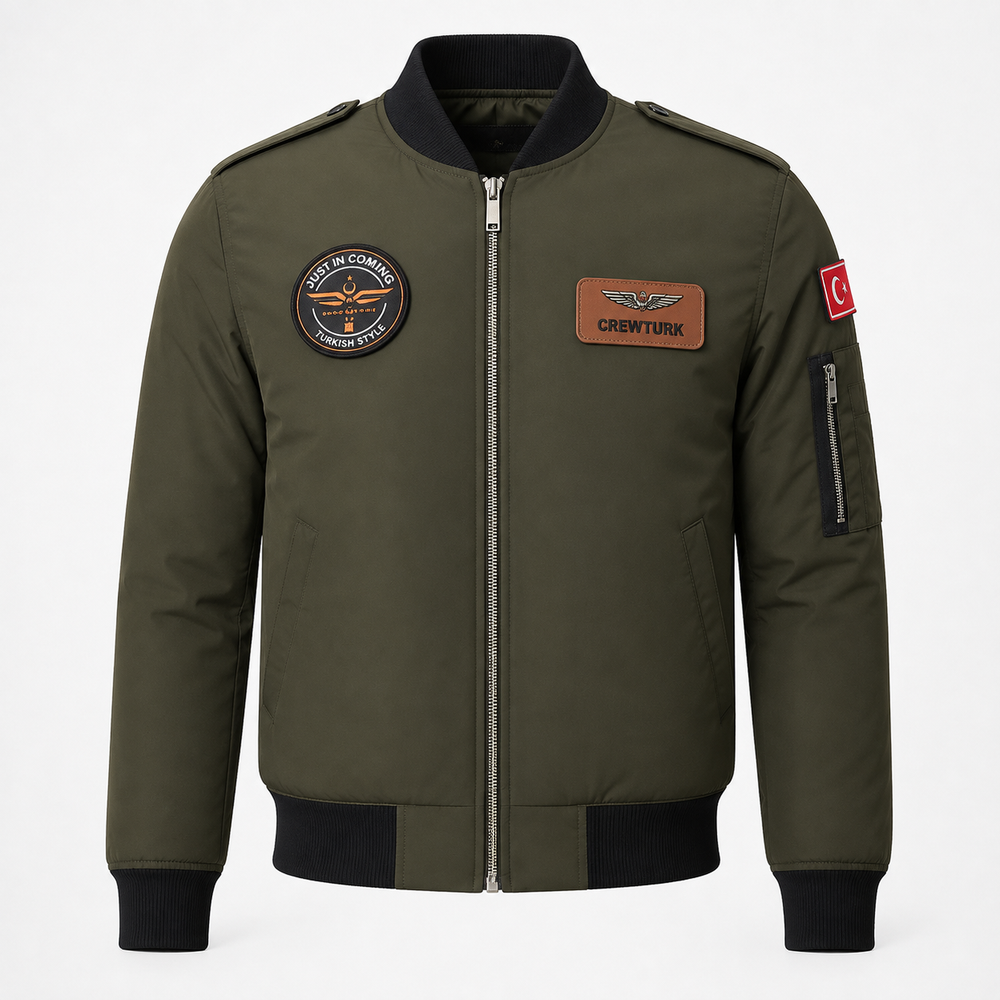 Haki renkli MNG91H pilot bomber montu, kumaş malzemeden yapılmış, tekstil ve üniforma kategorisinde, pilot tasarımı.