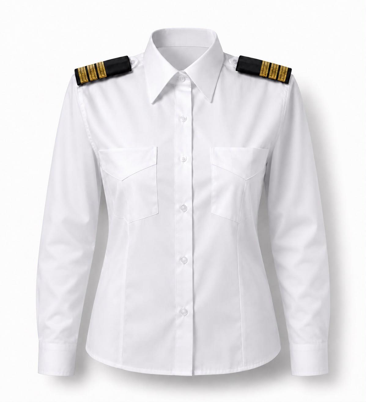 Uzun kollu Pilot kadın gömlek, şık ve rahat tarzıyla tekstil ve uniformalar kategorisinde, beyaz renkte.