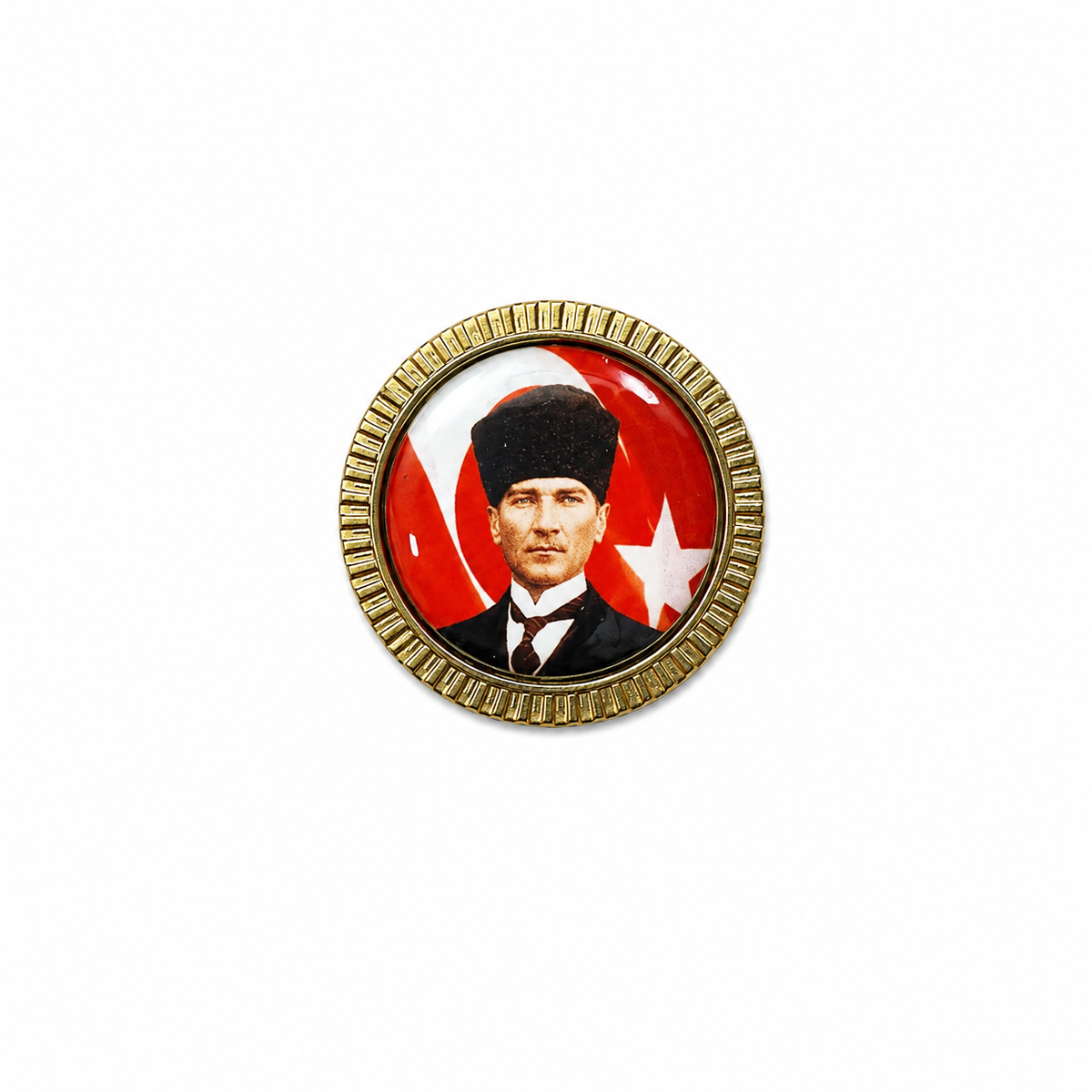 Altın renkli Atatürk çember rozet, Bayraklı Welcome on board tasarımı, şık ve detaylı metal rozet.